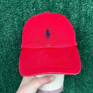 VTG Polo Ralph Lauren Chino Baseball Cap Men's Adjustable One Size Red Navy Polo